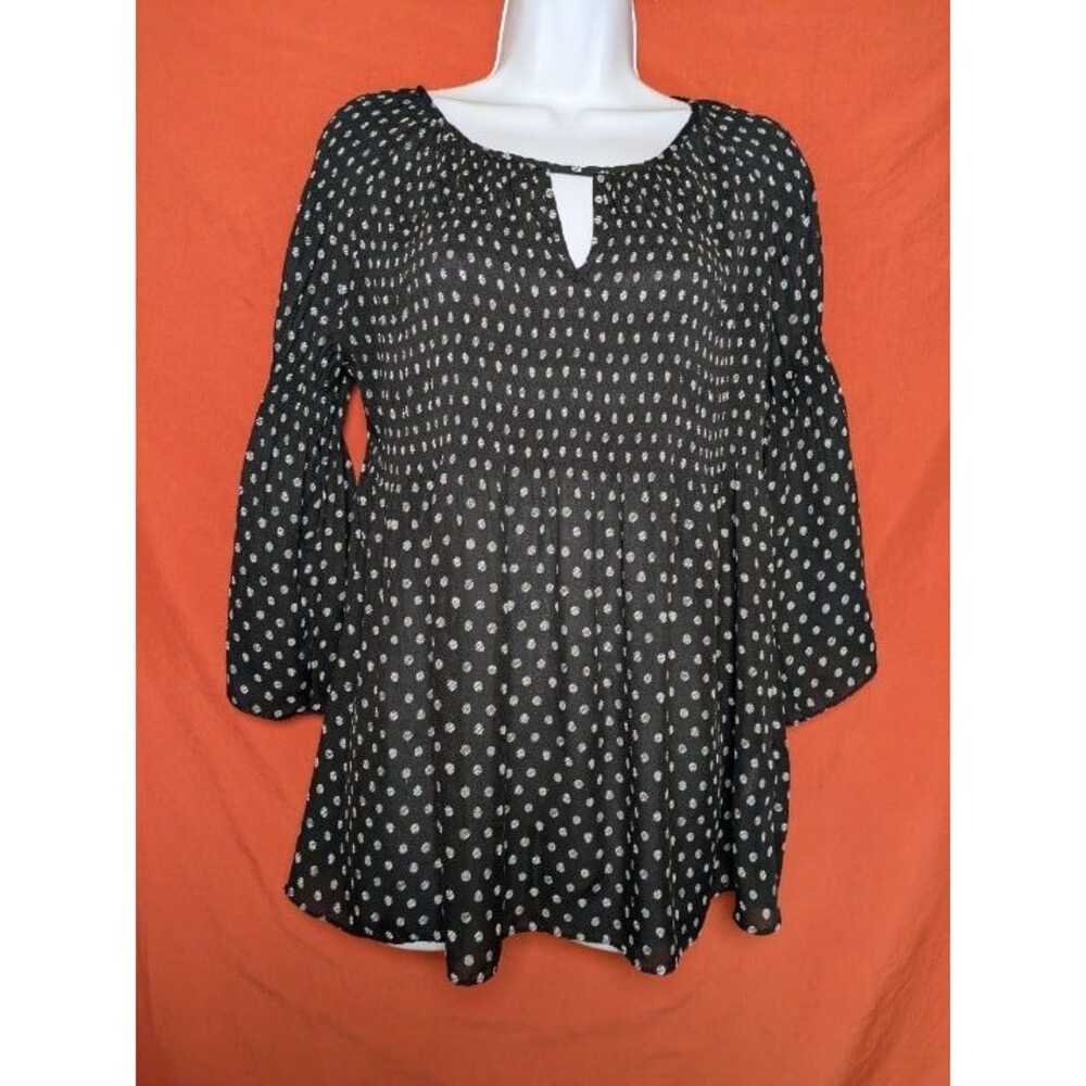 Black White Dot Smocked Babydoll Top Bell Sleeves Petite Medium Whimsigoth - Picture 9 of 9